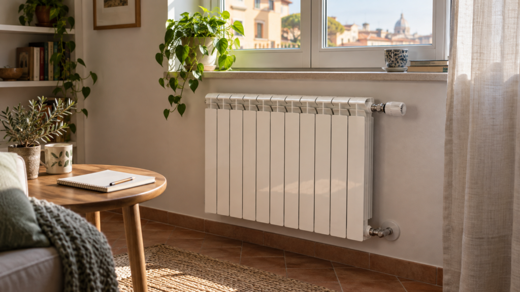 Radiatore domestico con valvola e raccordi visibili accanto a un quaderno per le osservazioni mattutine