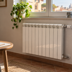 Radiatore domestico con valvola e raccordi visibili accanto a un quaderno per le osservazioni mattutine