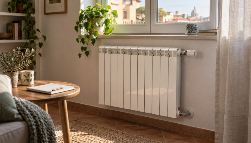 Radiatore domestico con valvola e raccordi visibili accanto a un quaderno per le osservazioni mattutine
