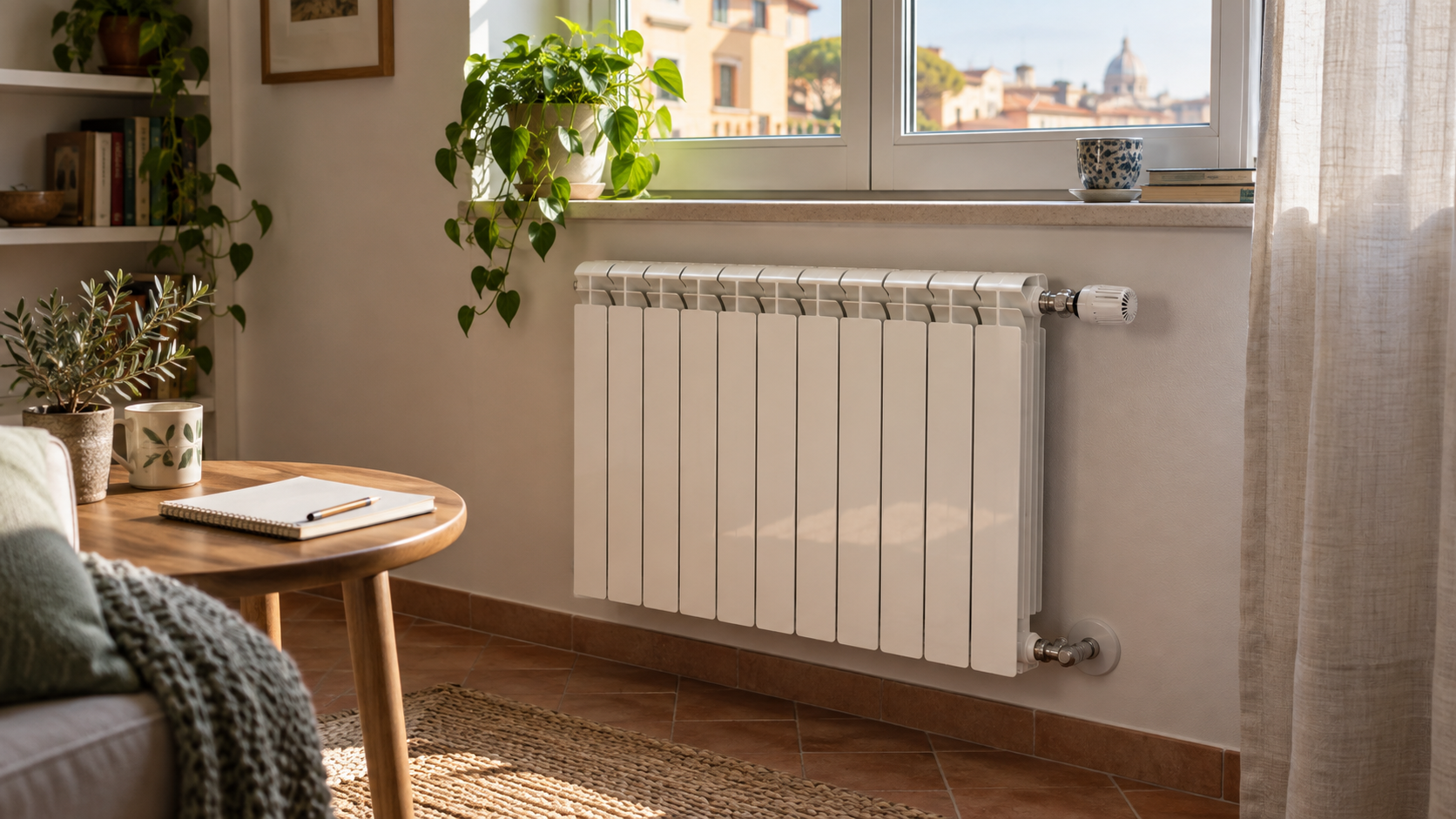 Radiatore domestico con valvola e raccordi visibili accanto a un quaderno per le osservazioni mattutine