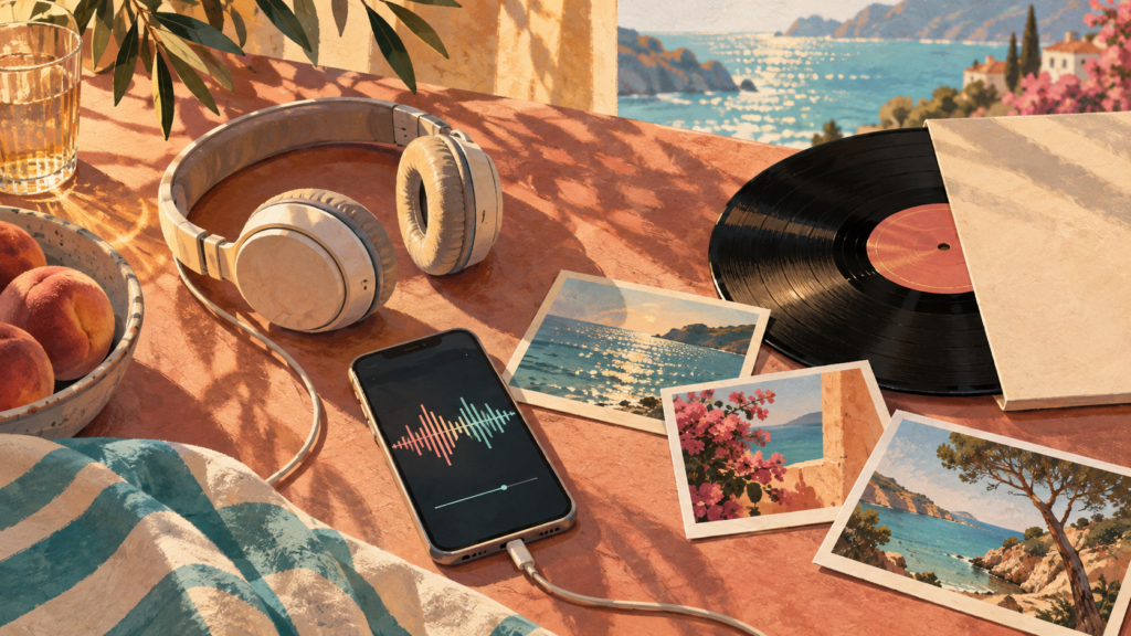 Illustrazione di cuffie e smartphone accanto a fotografie estive e un disco in vinile