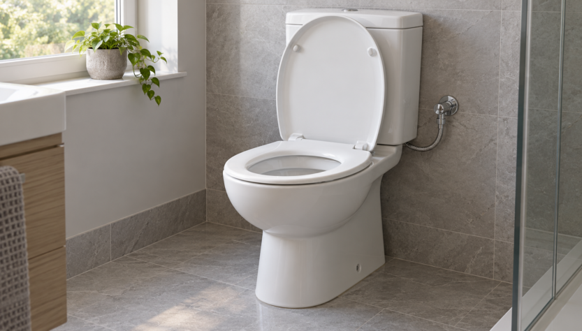 WC in ceramica bianca con cassetta esterna e rubinetto di alimentazione visibile a lato